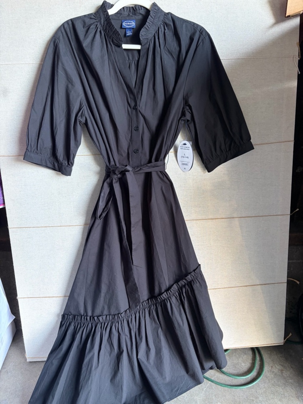 Black Maxi Button-Front Shirt Dress with Self-Tie Waist - Picture 2 of 7